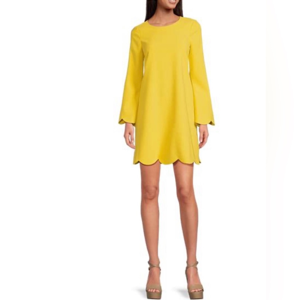 Tara Jarmon Paris Ruoda Crepe Woven Long Sleeve Scalloped Hem Shift Dress